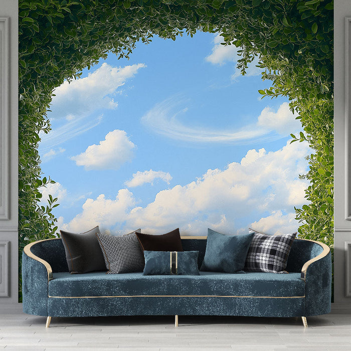 Mural Wallpaper sky and foliage | An opening to the blue sky through a frame of lush foliage