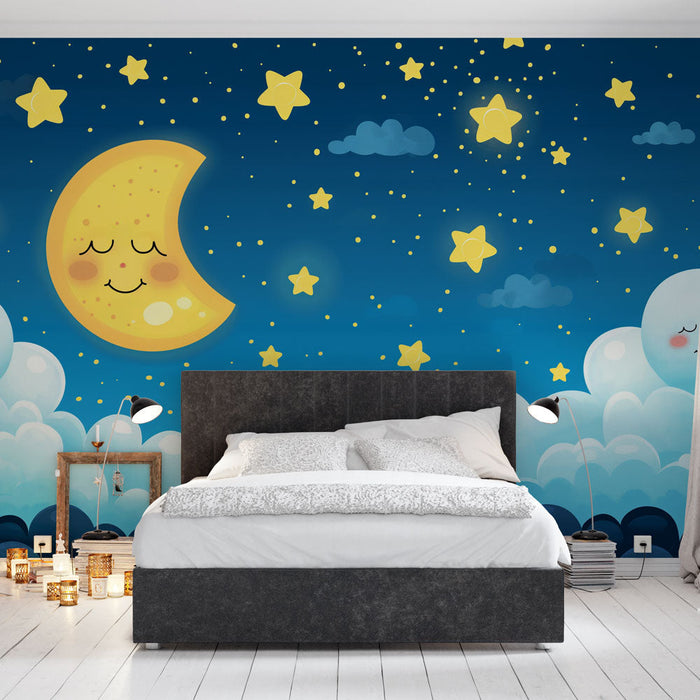 Tapeta zvjezdano nebo | Dizajn s mjesecom, zvijezdama i oblacima za djecu