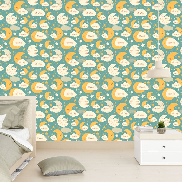 Tapetti tähtitaivas | Kuun ja hymyilevien pilvien kuvioita turkoosilla taustalla