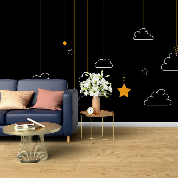 Fototapet stjernehimmel | Hvide skyer og stjerner svævende på en sort baggrund