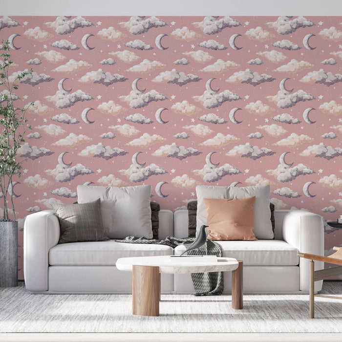 Fototapet stjernehimmel | Bløde skyer og skærende måner på en lyserød baggrund