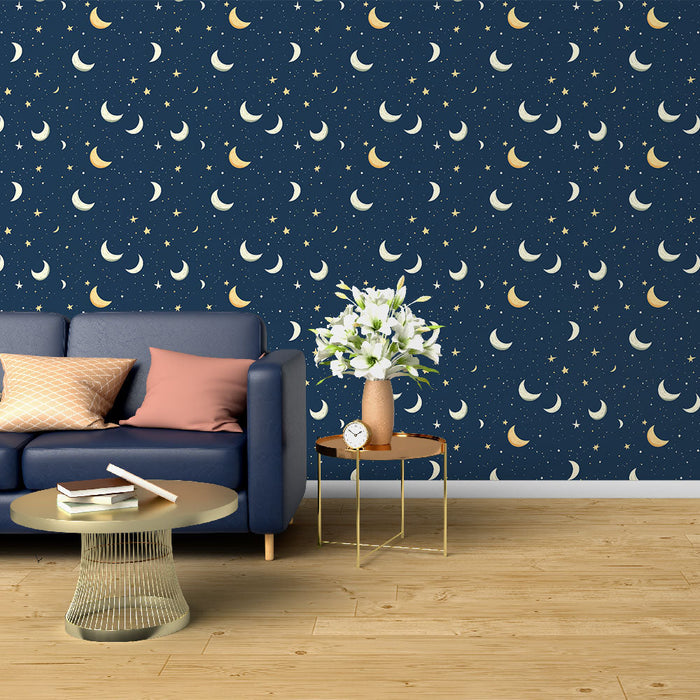 Papel de parede mural céu noturno | Padrão de lua e estrelas em um fundo azul meia-noite