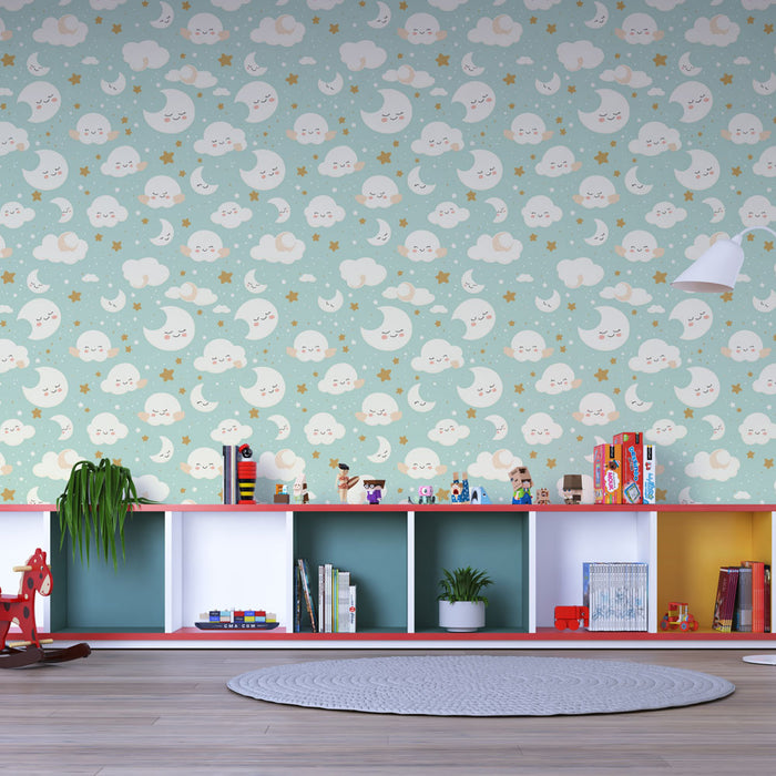 Fototapet noćno nebo | Uzorak oblaka, mjeseca i smješkajućih zvijezda