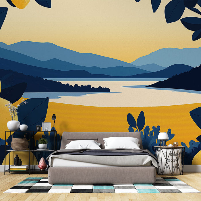 Papel de parede limoeiros | Paisagem estilizada com limoeiros e montanhas