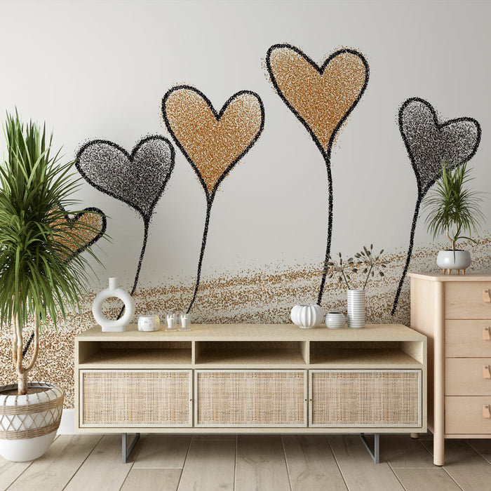 Tapete apstraktnih srca | Stilizirani uzorci srca u crnim i zlatnim nijansama