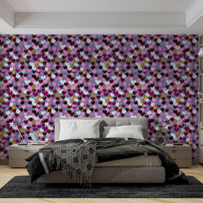 Mural Wallpaper colorful hearts | Hearts and flowers pattern on a blue background