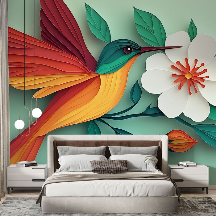 Tapetti kolibri | Kolibri kirkkailla väreillä ja tyylitellyllä kukalla