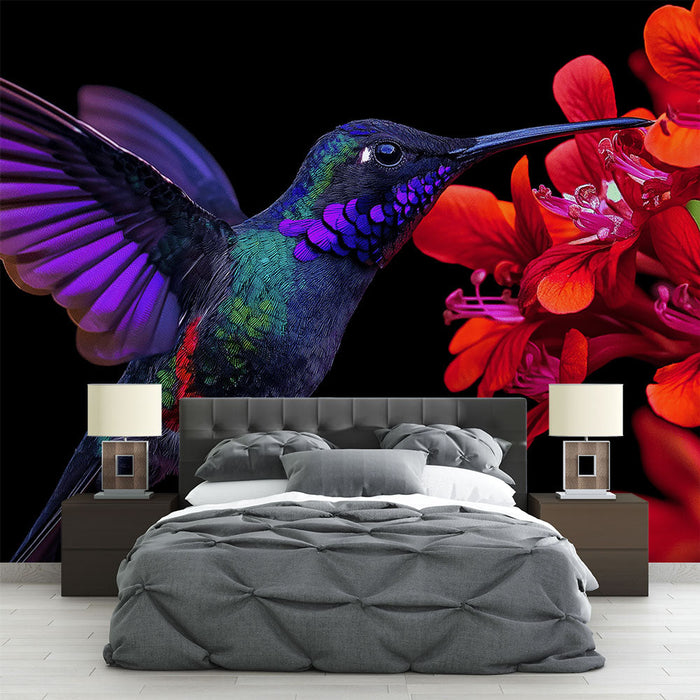 Falikép kolibri | Színes kolibri, amely vörös virágokat keres