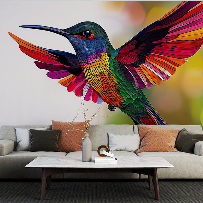 Ταπετσαρία τοιχογραφίας κολιμπρί | Πολύχρωμο κολιμπρί σε πτήση με έντονα φτερά
