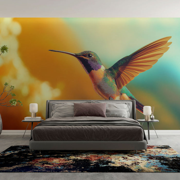Mural Wallpaper hummingbird | Colorful hummingbird in flight with soft background