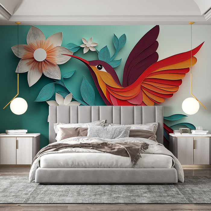 Mural Wallpaper hummingbird | Colorful hummingbird and flowers in cut paper