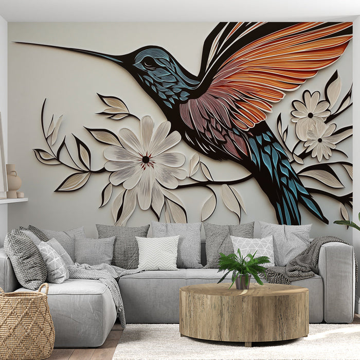 Mural Wallpaper hummingbird | Colorful hummingbird on an elegant floral background