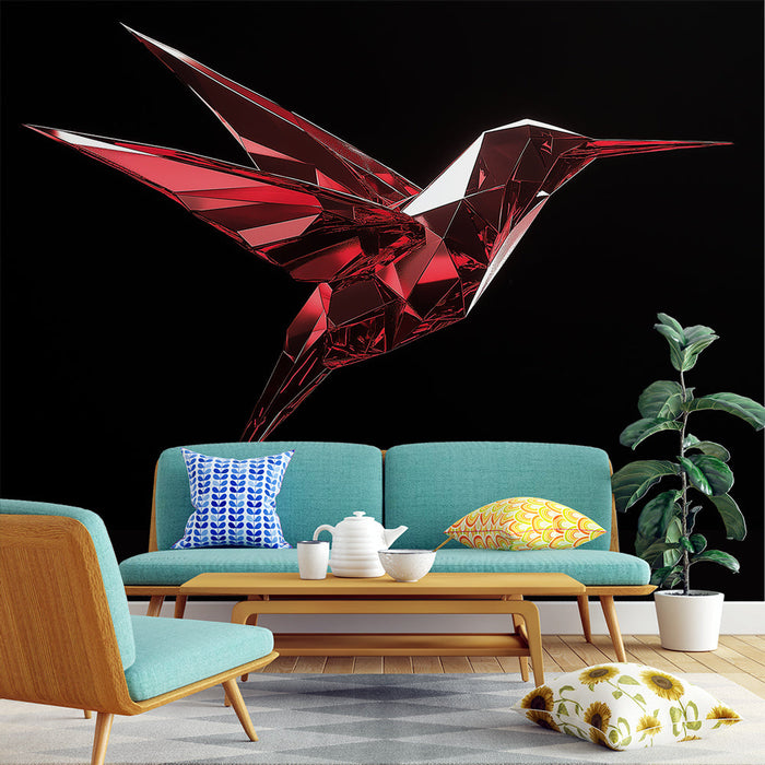 Mural Wallpaper Hummingbird | Red Crystal Hummingbird in a Modern Geometric Design