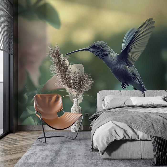 Fototapet kolibri | Kolibri i flykt framför delikata blommor