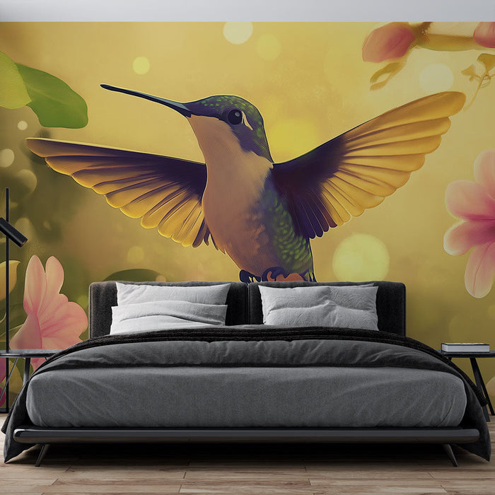 Tapeta kolibrić | Živopisni kolibrić među ružičastim cvjetovima