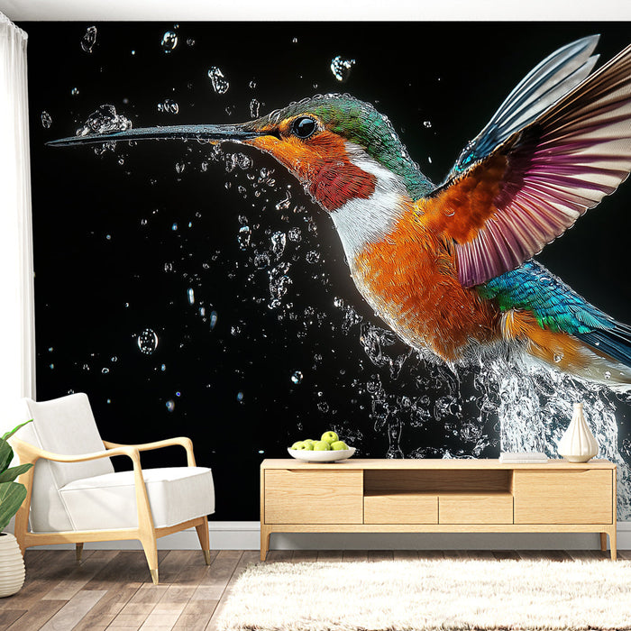 Mural Wallpaper hummingbird | Vibrant hummingbird with water splashes