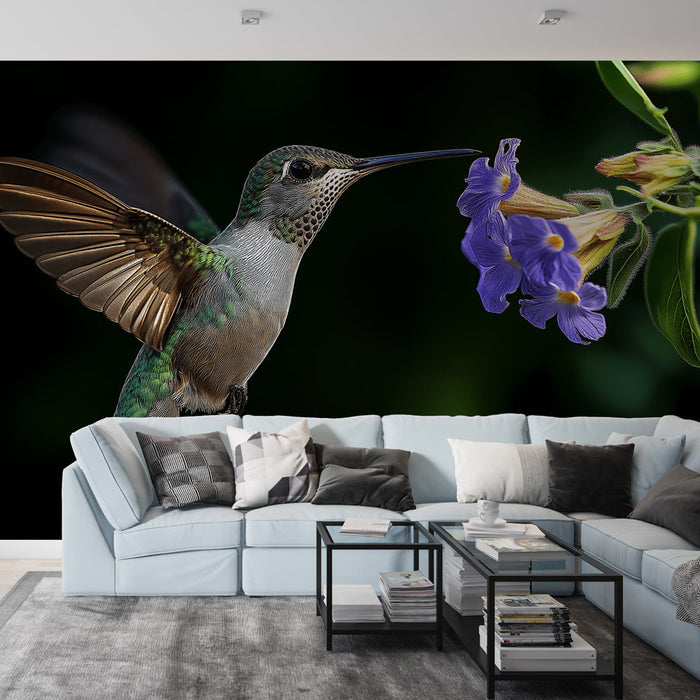 Mural Wallpaper hummingbird | Vibrant hummingbird foraging purple flowers