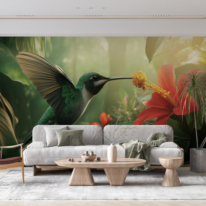 Muralna tapeta kolibri | Živahen kolibri, ki išče svetlo rdeč cvet