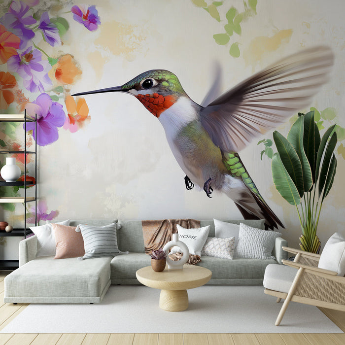 Fototapet kolibri | Livlig kolibri blandt farverige blomster