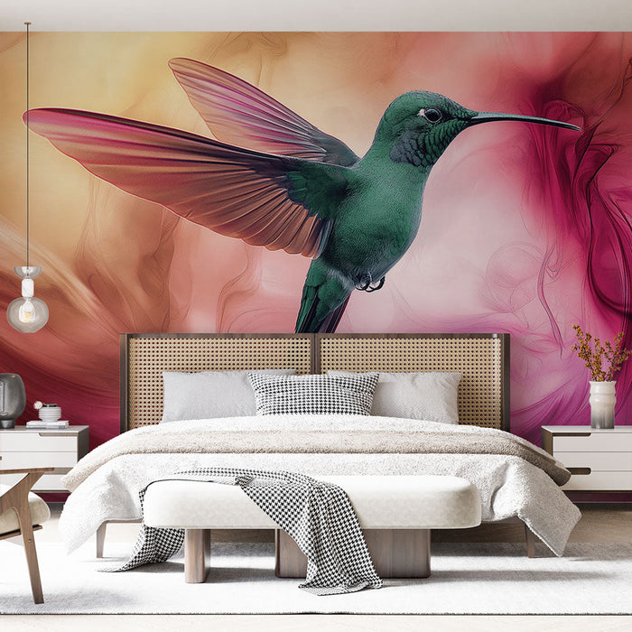 Tapete kolibri | Lebendiger Kolibri auf abstraktem Hintergrund mit verschmolzenen Farben