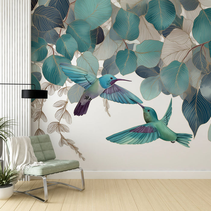 Carta da parati colibri | Colibrì volteggianti tra foglie delicate