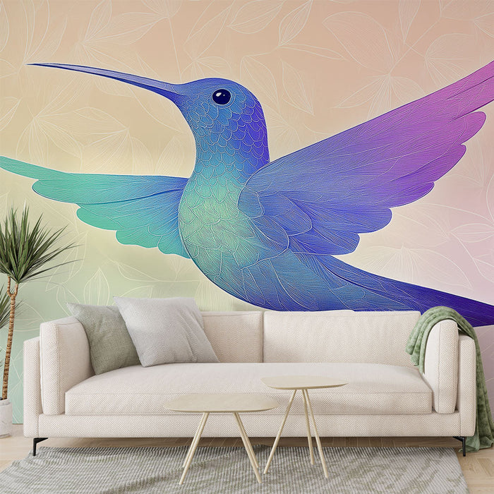 Falfestmény tapéta kolibri | Színes madár design repülés közben pasztell háttéren