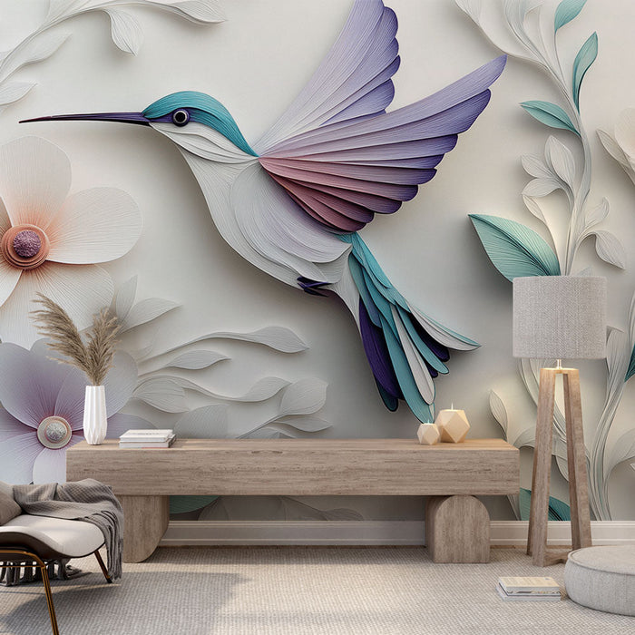 Carta da parati colibrì | Elegante motivo di colibrì circondato da fiori delicati