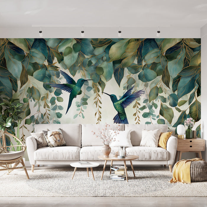 Carta da parati colibri e foglie | Due colibrì vibranti circondati da fogliame lussureggiante