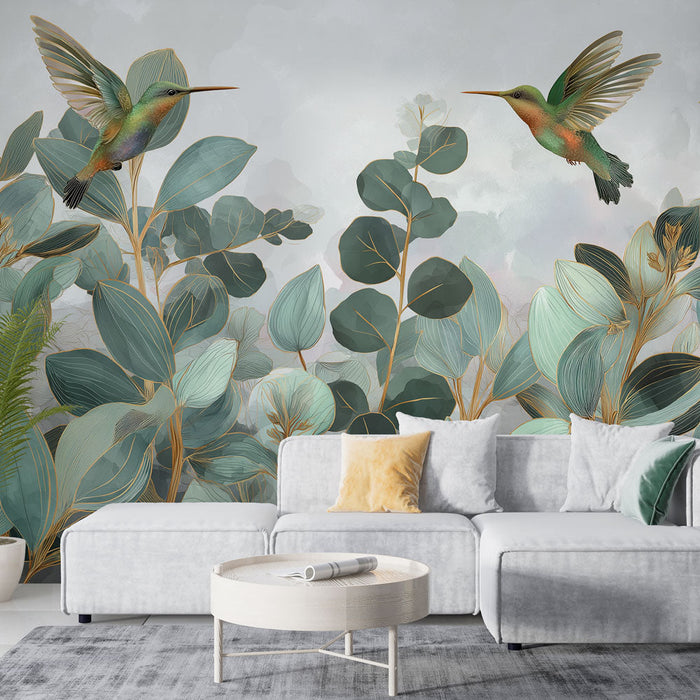 Tapeta s kolibříkem a listím | Jemné květinové vzory s barevnými ptáky