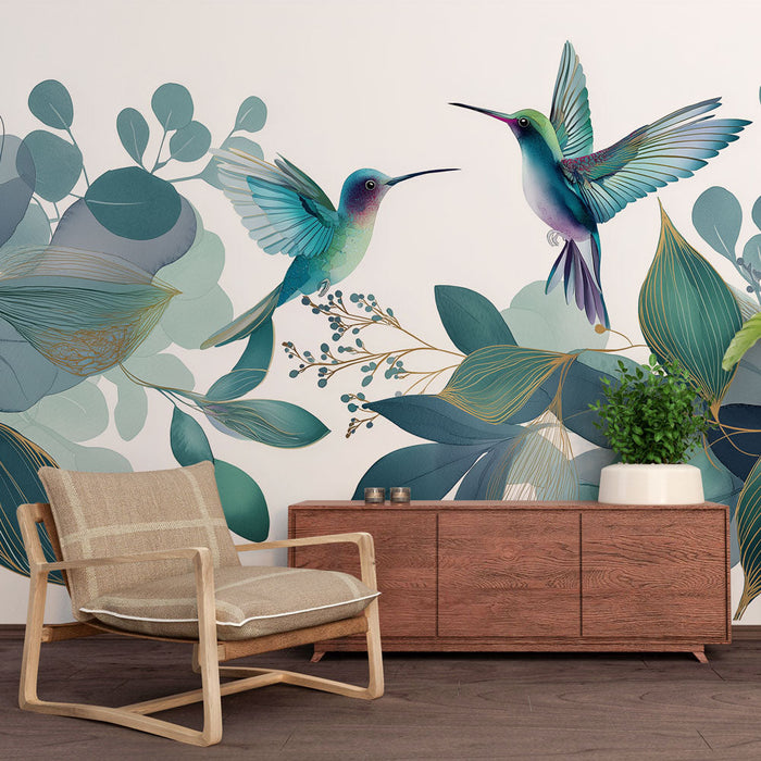 Fototapet colibri ve yapraklık | Canlı sinek kuşları ve narin yapraklarla süslenmiş bir bahçe