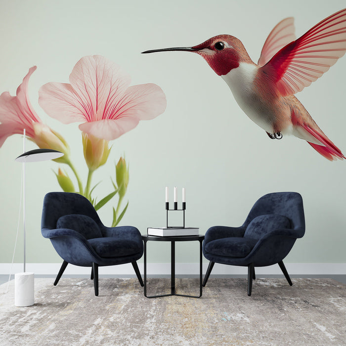 Tapet colibri și flori | Colibri elegant zburând spre flori roz delicate