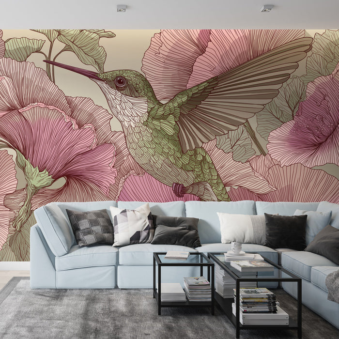 Papel de parede mural colibri e flores | Magnífico colibri em um fundo de delicadas flores cor-de-rosa