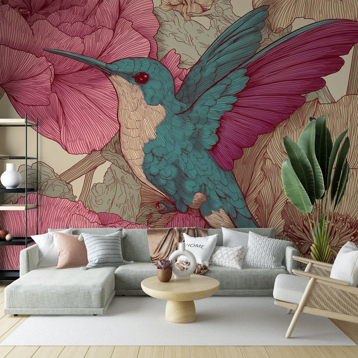 Tapeta colibri et fleurs | Predivan kolibri među bujnim ružičastim cvjetovima