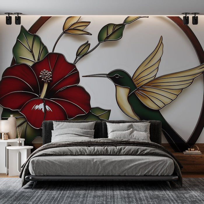 Foto Behang kolibrie en hibiscus | Elegant stuk in gekleurd metaal dat een kolibrie en een hibiscusbloem illustreert