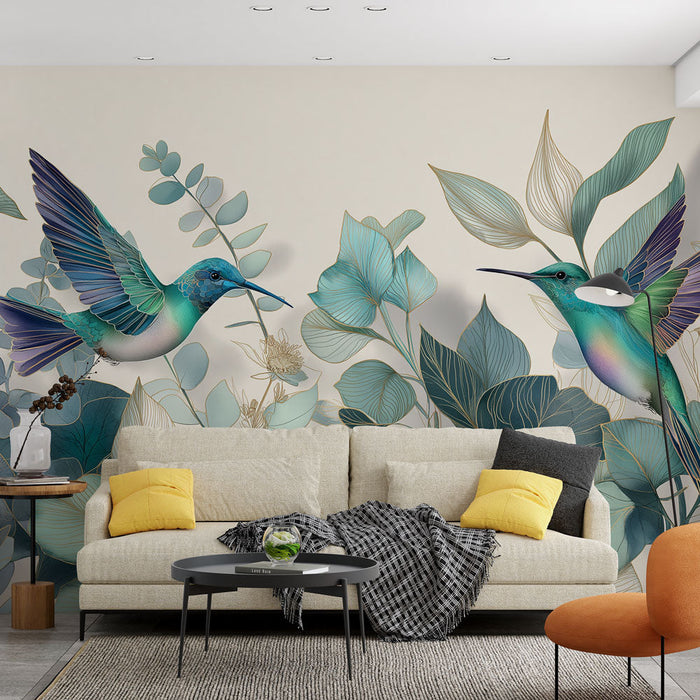Papel de parede colibri | Vestindo folhas delicadas e voo de pássaros coloridos