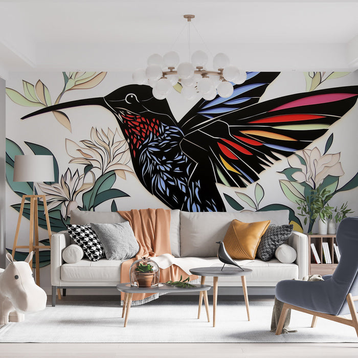 Mural Wallpaper hummingbird | Artistic illustration of a colorful hummingbird on a floral background