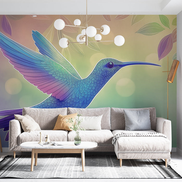 Mural Wallpaper hummingbird | Colorful illustration of a hummingbird on a pastel background