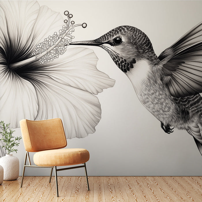Mural Wallpaper hummingbird | Delicate illustration of a hummingbird and a hibiscus flower
