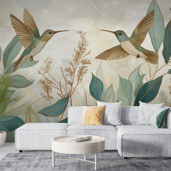 Fototapet kolibri | Elegante illustrasjon av kolibrier og delikat løvverk