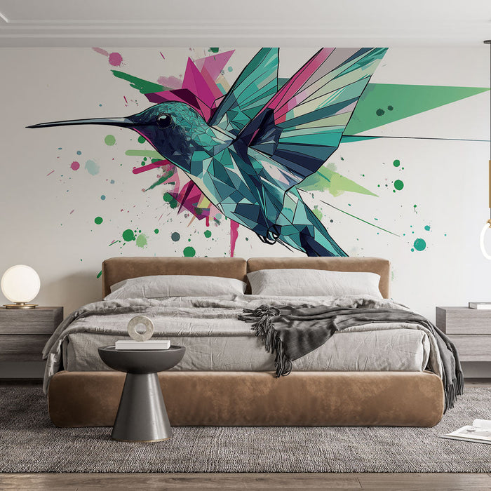 Tapeta kolibřík | Barevná geometrická ilustrace kolibříka v letu