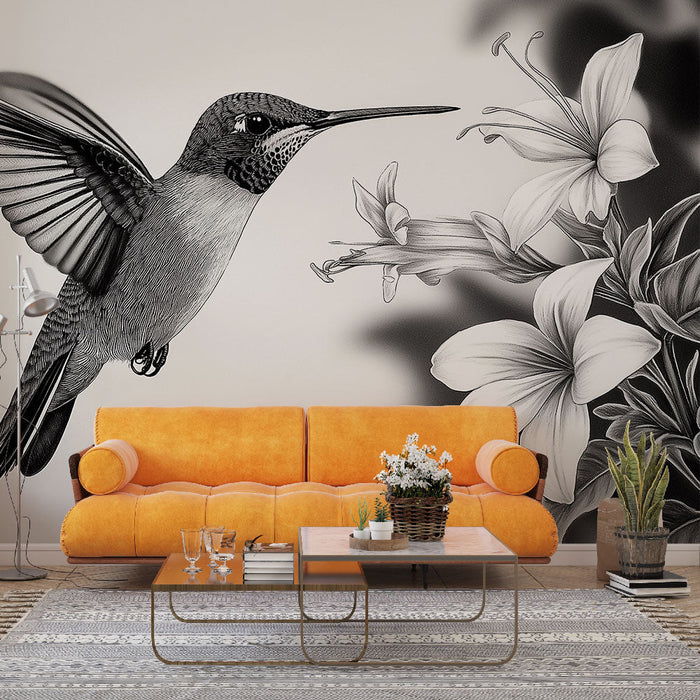 Fototapet kolibri | Monokrom illustration av en kolibri och eleganta blommor