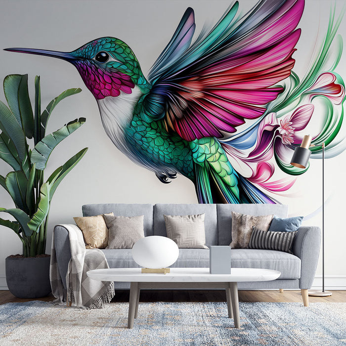 Tapet kolibri | Levende illustration af en farverig kolibri i flyvning