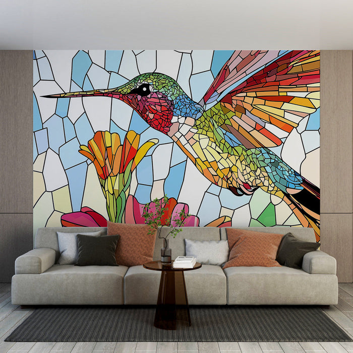 Muralna tapeta kolibri | Barvit in eleganten vzorec kolibrija in cvetlic