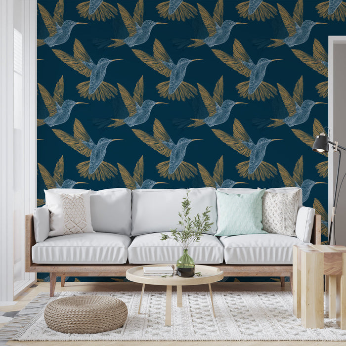 Fototapeet kolibri | Kolibri mustriga lendavate lindude muster sügaval öösinisel taustal