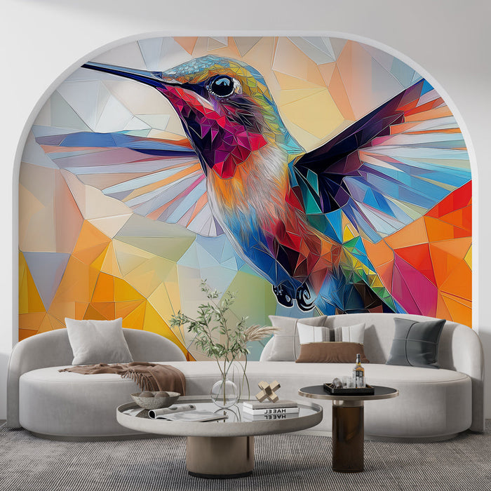 Mural Wallpaper hummingbird | Colorful geometric pattern with vibrant hummingbird