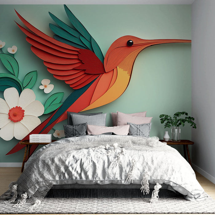 Mural Wallpaper hummingbird | Artistic work on paper with a colorful hummingbird and flowers
