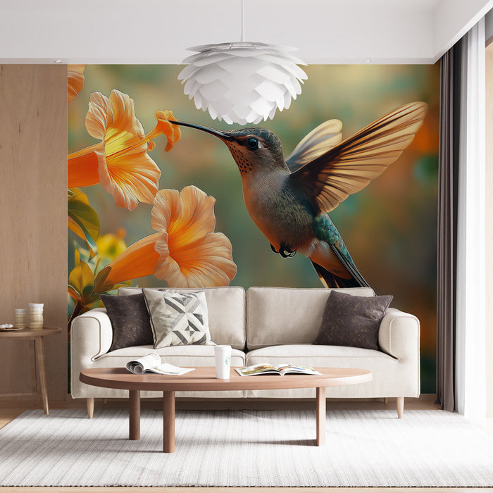 Фототапет колибри | Цветно колибри, което се храни с ярки цветя