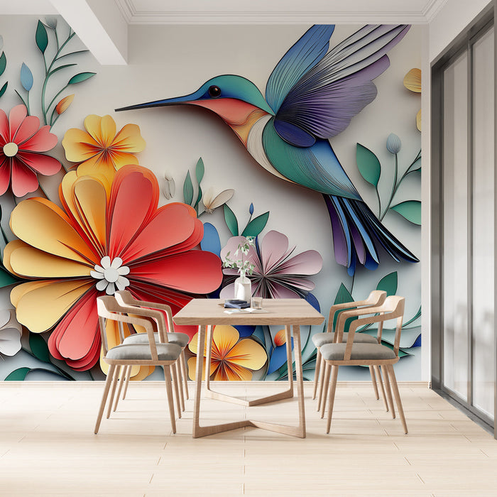 Mural Wallpaper hummingbird | A colorful hummingbird surrounded by paper cut flowers
