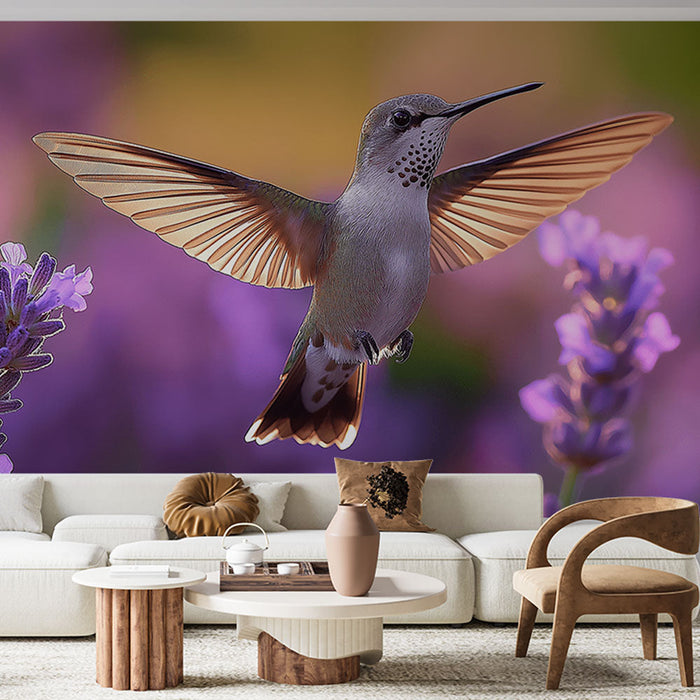 Mural Wallpaper hummingbird | A colorful bird in flight among purple flowers