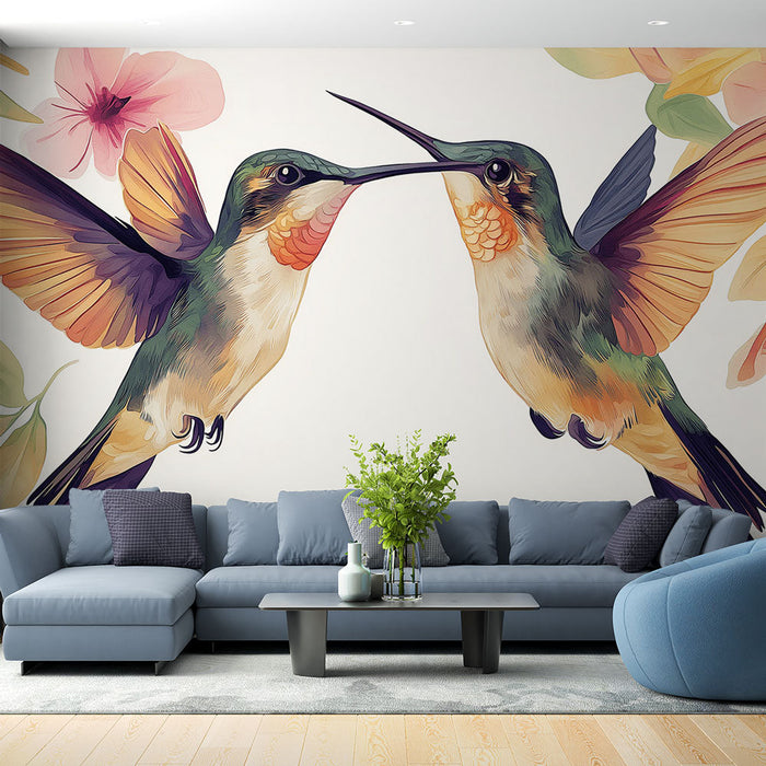 Tapet colibri | Doi colibri vibranți încadrați de flori delicate